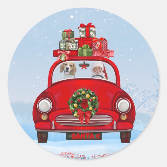 Sticker Rond Chien beagle En Voiture Avec Le Père Noël (Devant)