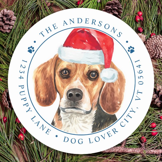 Sticker Rond Chien beagle Personnalisé Noël Adresse de retour (Créateur téléchargé)