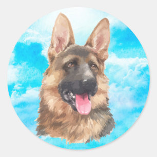 Sticker Rond Chien berger allemand Alsacien GSD Pet Aquarelle