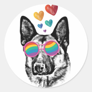 Sticker Rond Chien berger allemand avec coeur Saint-Valentin