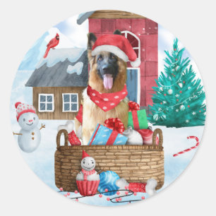 Sticker Rond Chien berger allemand dans la neige Maison de chie