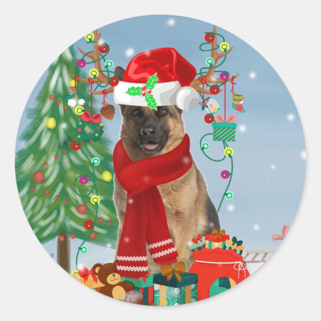 Sticker Rond Chien berger allemand en neige avec cadeaux de Noë (Devant)