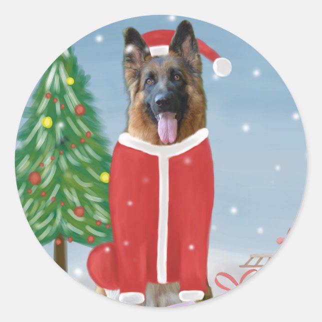 Sticker Rond Chien berger allemand en neige avec cadeaux de Noë (Devant)