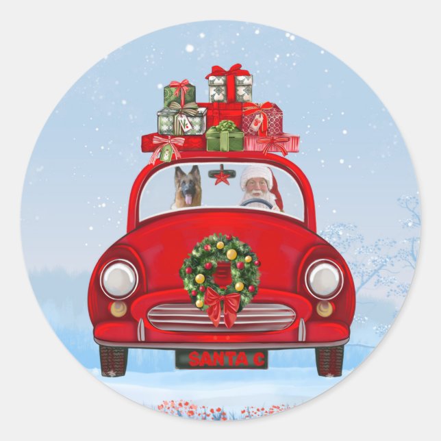 Sticker Rond Chien berger allemand en voiture avec le Père Noël (Devant)