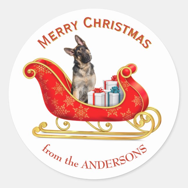 Sticker Rond Chien berger allemand Sleigh de Noël (Devant)