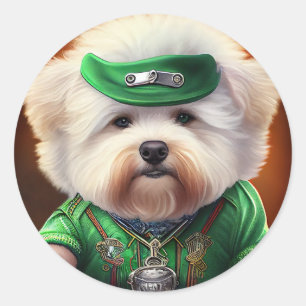 Sticker Rond Chien Bichon Frisé conduisant un vélo pour la Sain