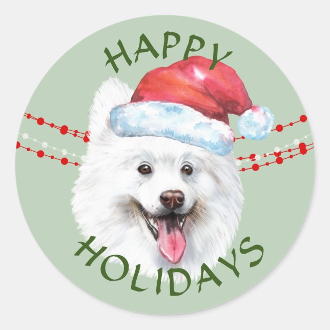 Sticker Rond Chien blanc Samoyé Santa Hat Joyeuses Fêtes (Devant)