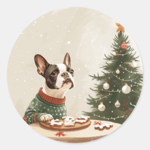 Sticker Rond Chien Boston Terrier de Noël