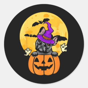 Sticker Rond Chien Bouledogue Français Noir Sorcière Amateur de