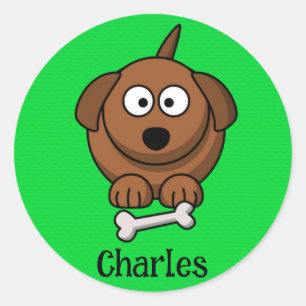 Sticker Rond Chien Brown avec os personnalisé sur vert