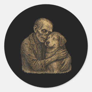 Sticker Rond Chien câlin zombie gothique pour les amoureux des