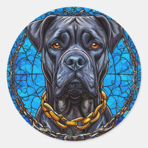 Sticker Rond Chien Cane Corso avec des Chaînes en Vitrail Bleu