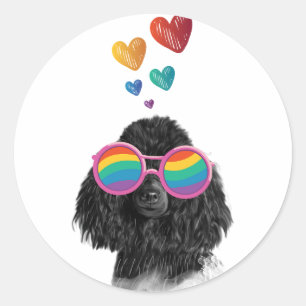 Sticker Rond Chien Caniche avec coeurs Saint-Valentin 