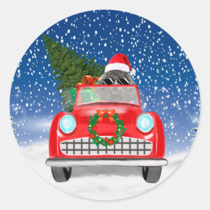 Sticker Rond Chien Caniche Conduisant une Voiture à Noël dans l