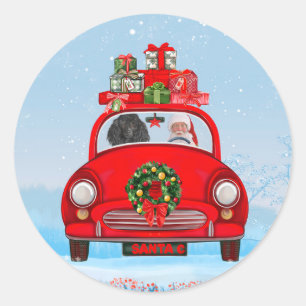 Sticker Rond Chien Caniche Dans Une Voiture Avec Le Père Noël