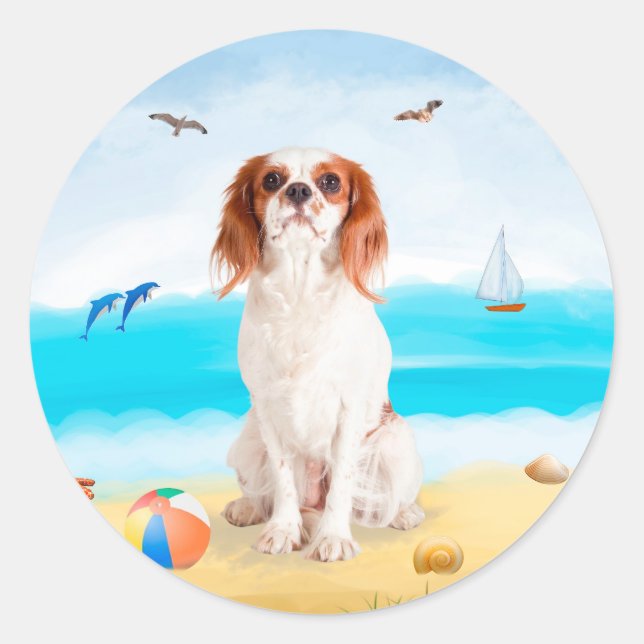 Sticker Rond Chien Cavalier King sur la plage (Devant)
