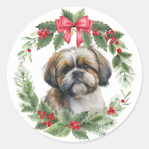 Sticker Rond Chien Chien Chien Chien Rouge Bow Holly Wreath
