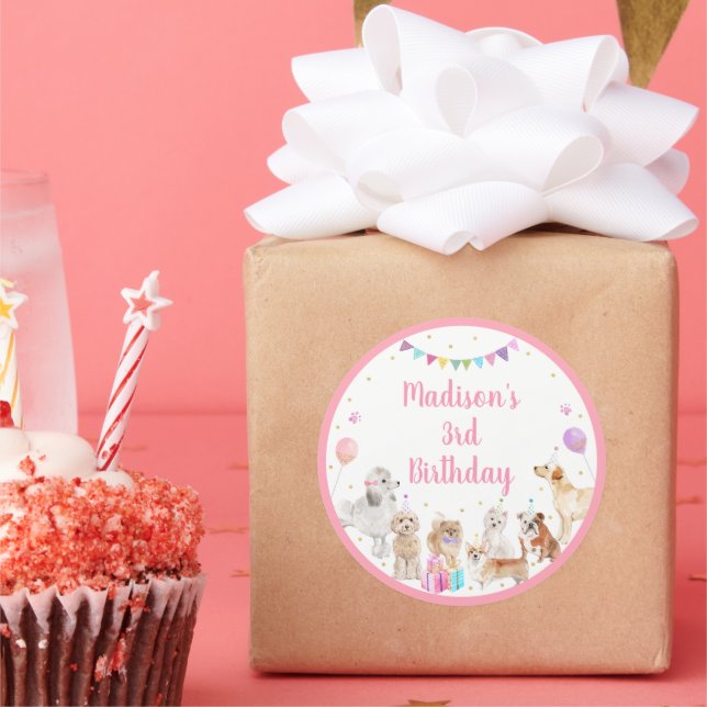 Sticker Rond Chien Chien rose Fille Paw-ty Anniversaire (Fête)