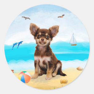 Sticker Rond Chien Chihuahua sur la plage