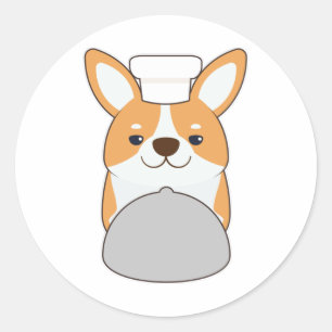 Sticker Rond Chien chiot comme cuisinier avec Platter