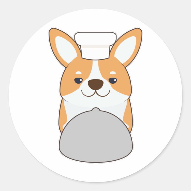 Sticker Rond Chien chiot comme cuisinier avec Platter (Devant)