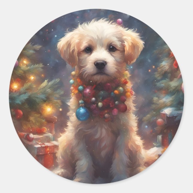Sticker Rond Chien chiot de Noël (Devant)