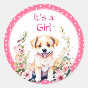Sticker Rond Chien chiot en fleurs Baby shower de fille C'est u
