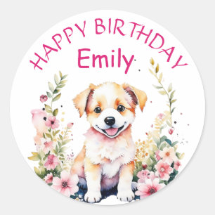 Sticker Rond Chien chiot en fleurs Fête d'anniversaire de la fi