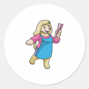 Sticker Rond Chien comme coiffeur avec peigne