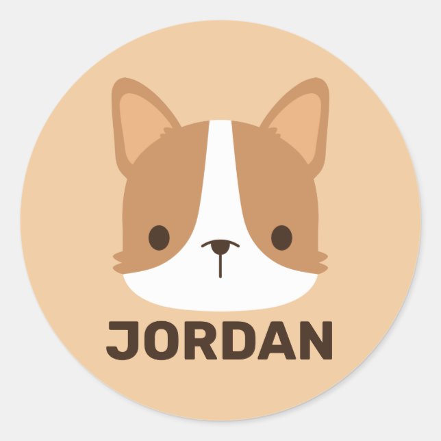 Sticker Rond Chien Corgi mignon avec nom personnalisé (Devant)