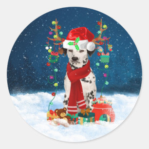 Sticker Rond Chien dalmate avec cadeaux de Noël