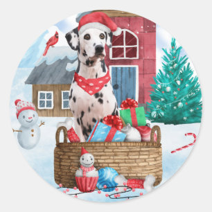 Sticker Rond Chien dalmate dans la neige Maison de chien de Noë