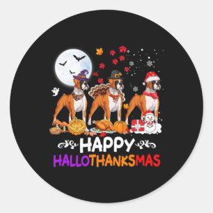 Sticker Rond Chien de boîte Noël Hallothankmas Joyeux Thanksgiv