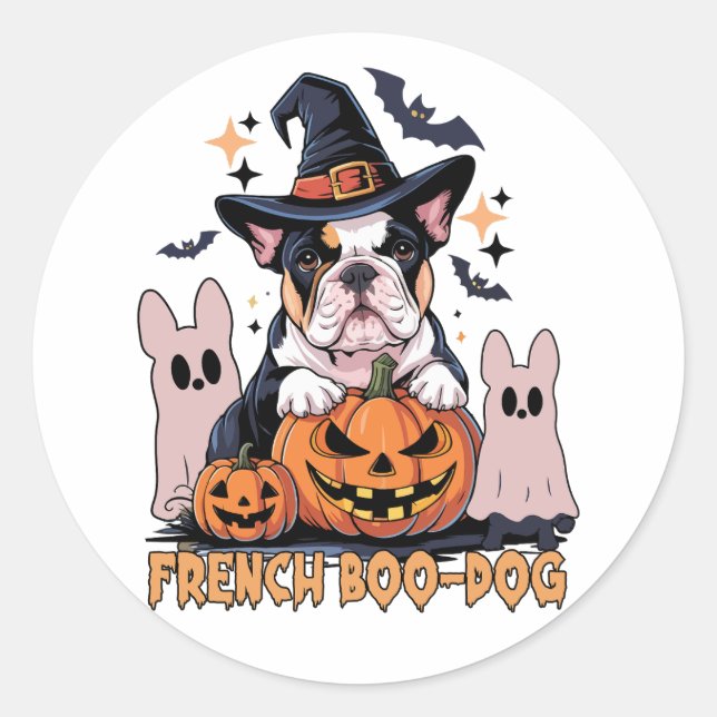 Sticker Rond Chien de Bot Français mignon Français Halloween Ch (Devant)