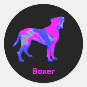 Sticker Rond Chien de boxe rose chaud et silhouette bleue
