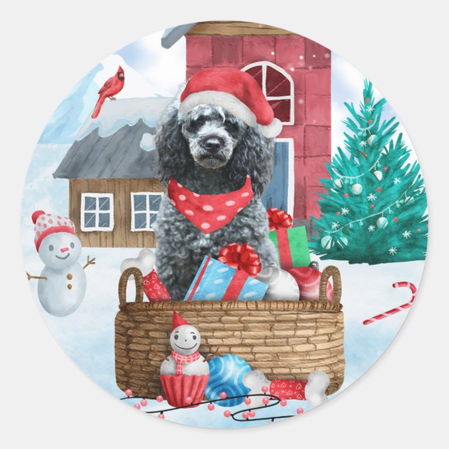 Sticker Rond Chien de caniche dans la neige Maison de chien de  (Devant)