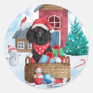 Sticker Rond Chien de caniche dans la neige Maison de chien de 