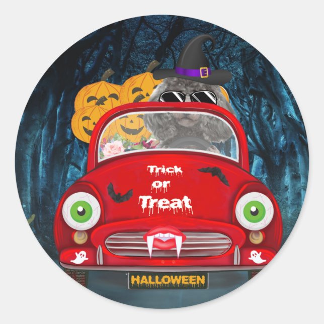 Sticker Rond Chien de caniche voiture effrayant Halloween (Devant)