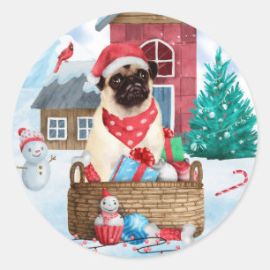 Sticker Rond Chien de carlin dans la neige Maison de Chien de N
