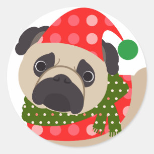 Sticker Rond Chien de carlin de vacances de Joyeux Noël