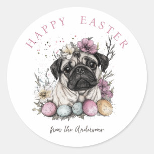 Sticker Rond Chien de carlin rustique Botaniques de Pâques