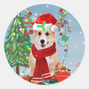 Sticker Rond Chien de Corgi en neige avec cadeaux de Noël