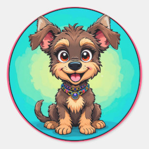 Sticker Rond Chien de dessin animé joyeux conception d'animal d