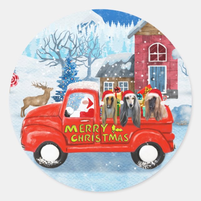Sticker Rond Chien de Hounds afghan dans la livraison de Noël C (Devant)