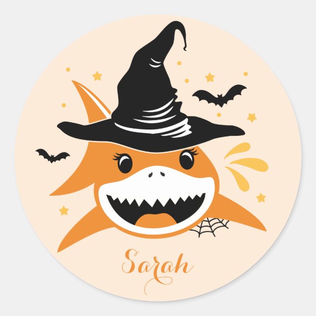 Sticker Rond Chien de mer mignon Sorcière d'Halloween Nom perso (Devant)