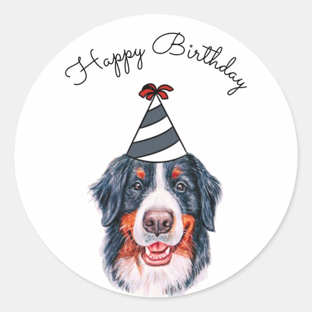 Sticker Rond Chien de montagne bernois avec Casquette de fête (Devant)