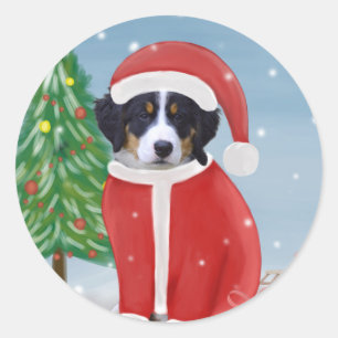 Sticker Rond Chien de montagne bernois en neige avec cadeaux de