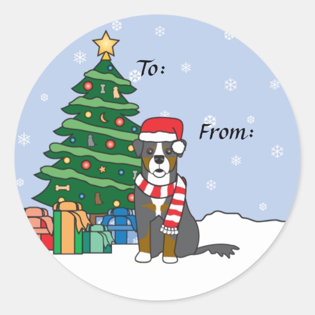 Sticker Rond Chien de montagne bernois et sapin de Noël (Devant)