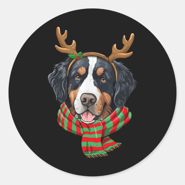 Sticker Rond Chien de Montagne bernois Renne de Noël Santa Hat (Devant)