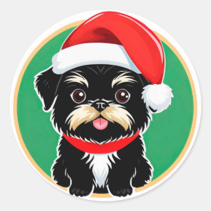 Sticker Rond Chien de Noël adorable avec un chapeau de Père Noë